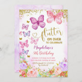 Invitation d'anniversaire de l'enfant papillon ros (Devant / Derrière)