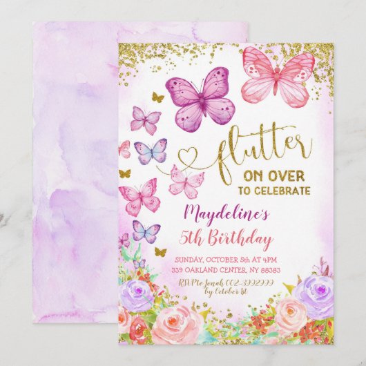 Invitation d'anniversaire de l'enfant papillon ros (Devant / Derrière)
