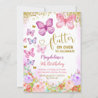 Invitation d'anniversaire de l'enfant papillon ros