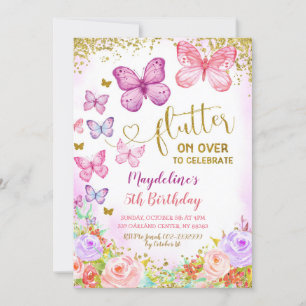 Invitation d'anniversaire de l'enfant papillon ros