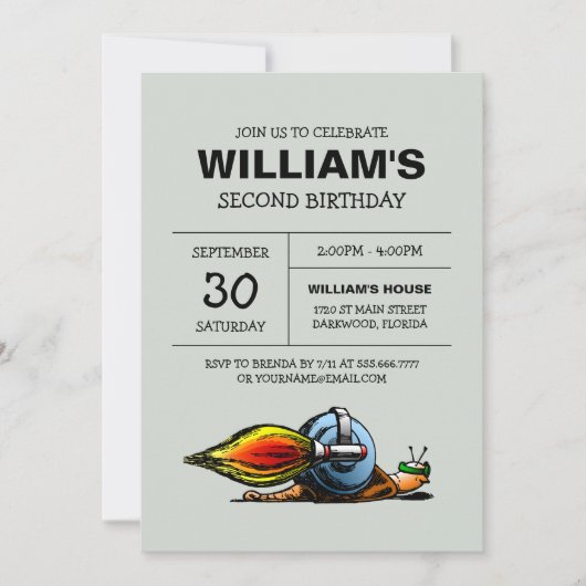 Invitation d'anniversaire de l'escargot fusée (Devant)