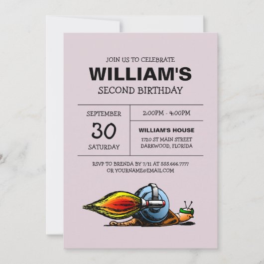 Invitation d'anniversaire de l'escargot fusée (Devant)
