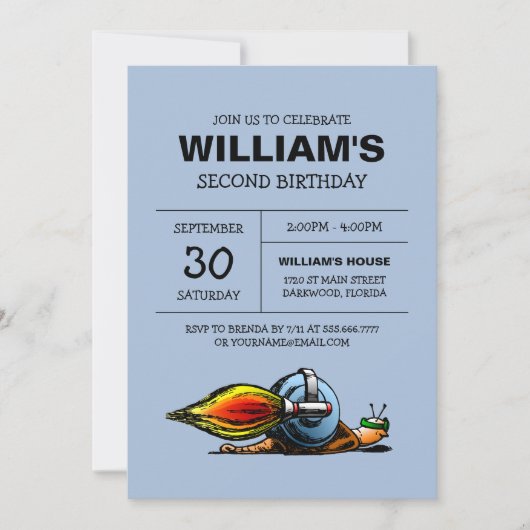 Invitation d'anniversaire de l'escargot fusée (Devant)