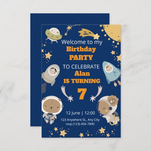 Invitation d'anniversaire de l'espace mignon (Devant / Derrière)