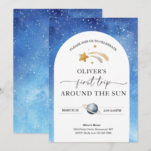 Invitation d'anniversaire de l'espace | Premier an (Devant / Derrière)