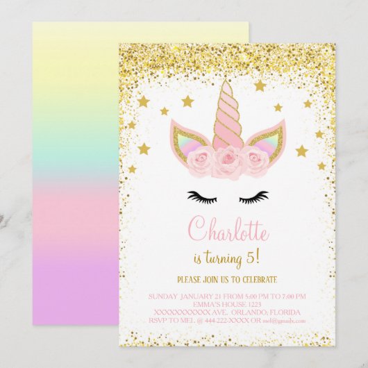 Invitation d'anniversaire de licorne à paillettes  (Devant / Derrière)