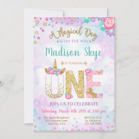 Invitation d'anniversaire de licorne d'aquarelle (Devant)