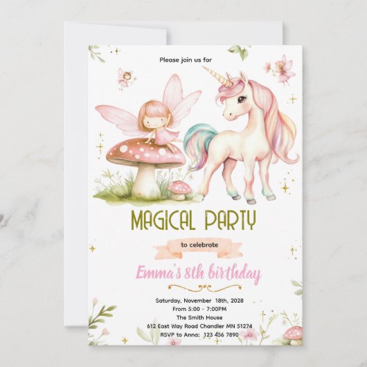Invitation d'anniversaire de licorne de fée de for (Devant)