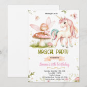 Invitation d'anniversaire de licorne de fée de for (Devant / Derrière)