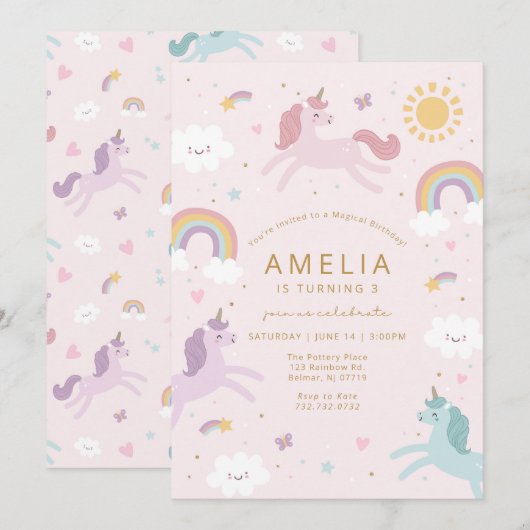 Invitation d'anniversaire de licorne fantaisiste m (Devant / Derrière)