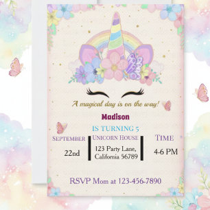 Invitation d'anniversaire de licorne florale
