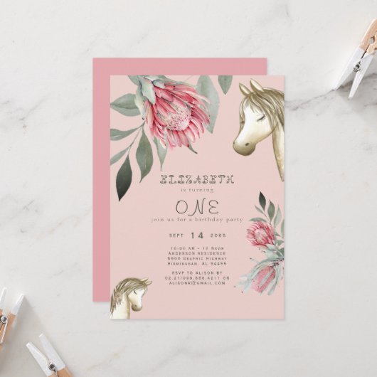 Invitation d'anniversaire de licorne florale rose (Devant/Arrière en situation)