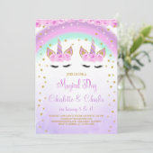Invitation d'anniversaire de licorne jumeaux viole (Debout devant)
