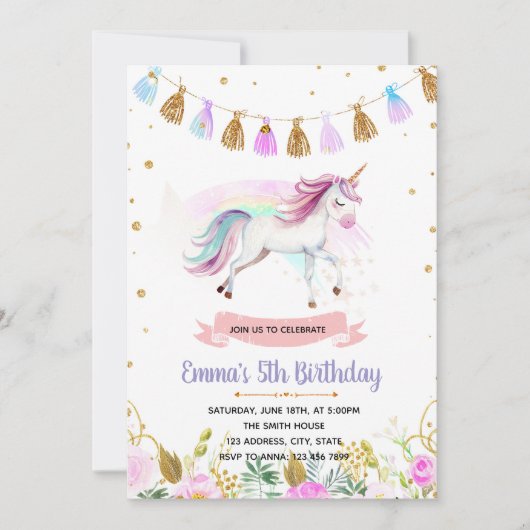 Invitation d'anniversaire de licorne magique (Devant)