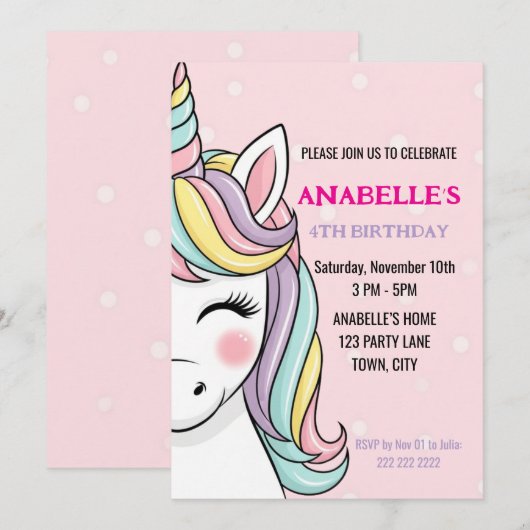Invitation d'anniversaire de licorne magique perso (Devant / Derrière)