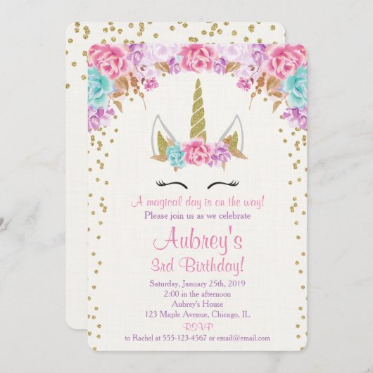 Invitation d'anniversaire de licorne, or pourpre (Devant / Derrière)