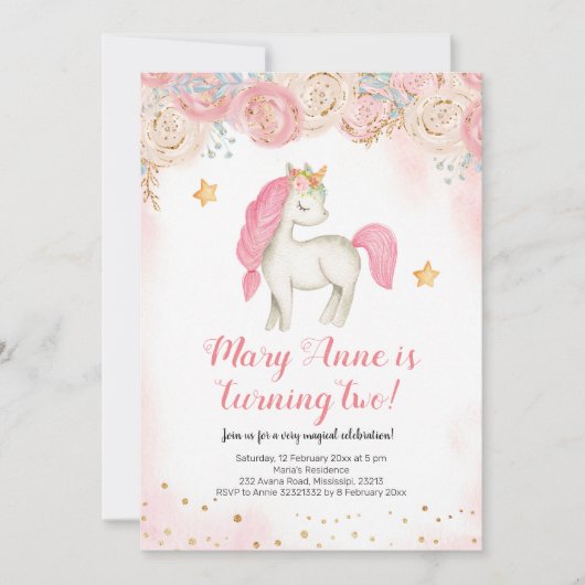 Invitation d'anniversaire de licorne rose magique (Devant)
