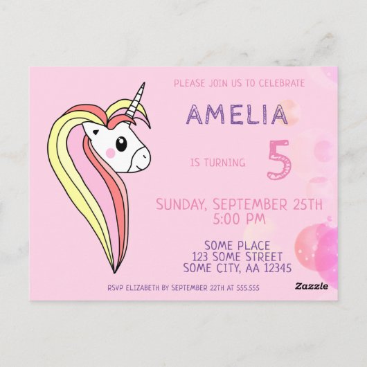 Invitation d'anniversaire de licorne rose mignonne (Dos)