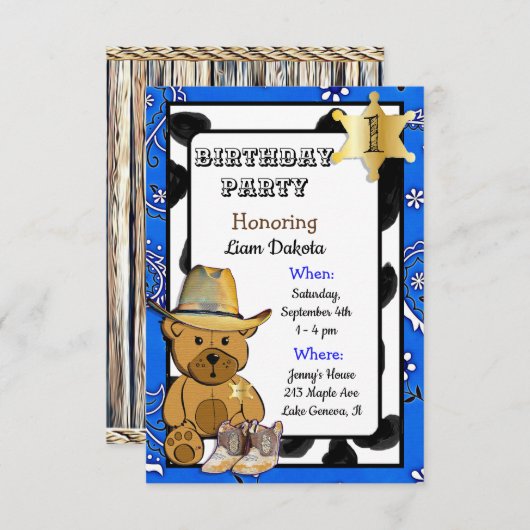 Invitation d'anniversaire de Lil' Sheriff Teddy Be (Devant / Derrière)