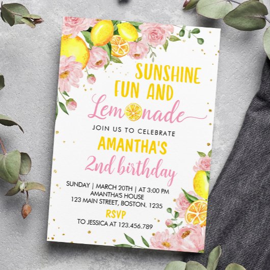 Invitation d'anniversaire de limonade florale rose