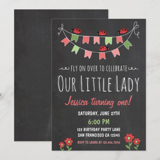 Invitation d'anniversaire de Little Ladybug (Devant / Derrière)