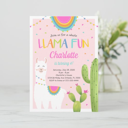 Invitation d'anniversaire de Llama Cactus rose (Debout devant)
