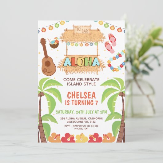 Invitation d'anniversaire de l'loha hawaïen coloré (Debout devant)