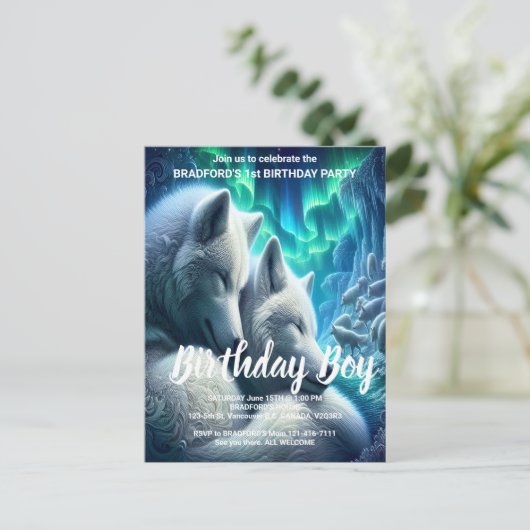 Invitation d'anniversaire de loups blancs majestue (Debout devant)