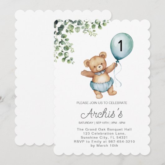 Invitation d'anniversaire de l'ours de verdure, pr (Devant / Derrière)