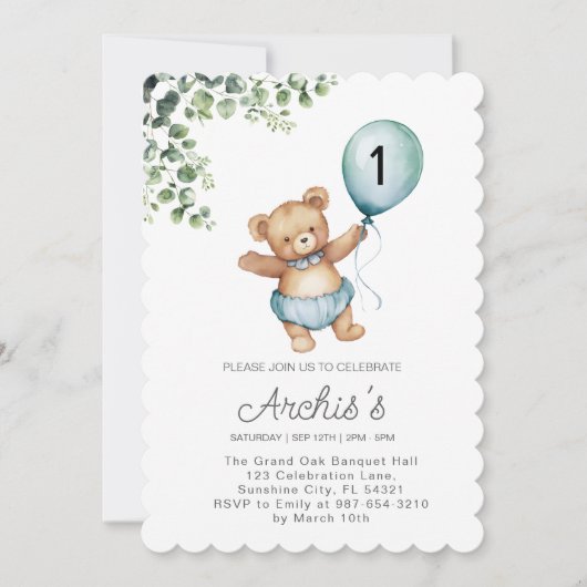 Invitation d'anniversaire de l'ours de verdure, pr (Devant)
