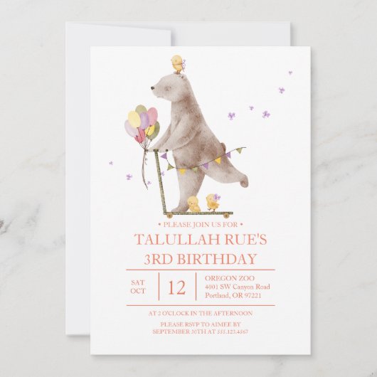 Invitation d'anniversaire de l'ours doux (Devant)