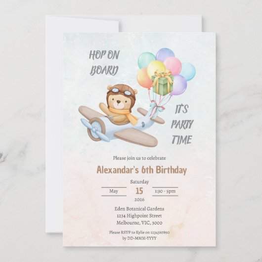 Invitation d'anniversaire de l'ours pilote Teddy (Devant)