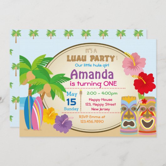 Invitation d'anniversaire de Luau (Devant / Derrière)