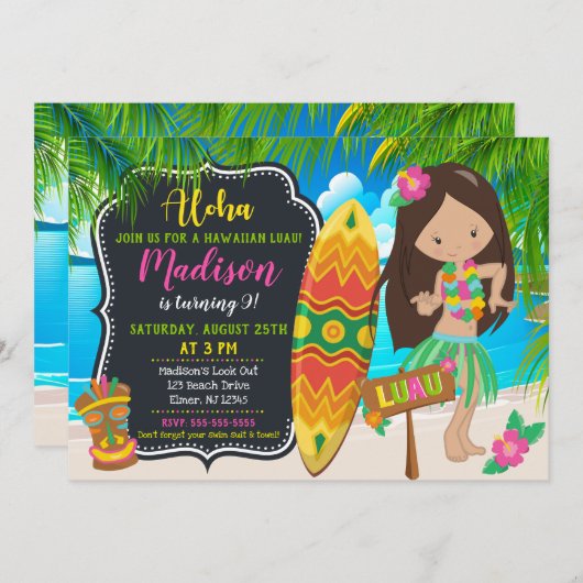 Invitation d'anniversaire de Luau Aloha Invitation (Devant / Derrière)