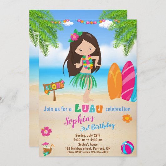 Invitation d'anniversaire de Luau Fête de plage tr (Devant / Derrière)