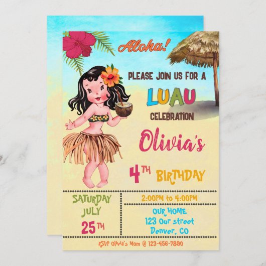 Invitation d'anniversaire de Luau Invitation hawaï (Devant / Derrière)