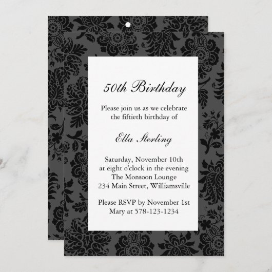 Invitation d'anniversaire de lustre et de damassé (Devant / Derrière)
