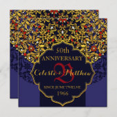 Invitation d'anniversaire de luxe bleu rouge or 50 (Devant / Derrière)
