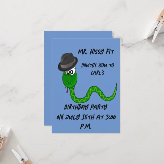 Invitation d'anniversaire de M. Hissy Fit Snake (Devant/Arrière en situation)