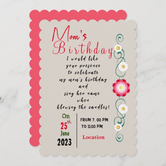 Invitation d'anniversaire de maman (Devant / Derrière)
