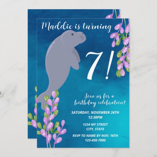 Invitation d'anniversaire de Manatee (Devant / Derrière)