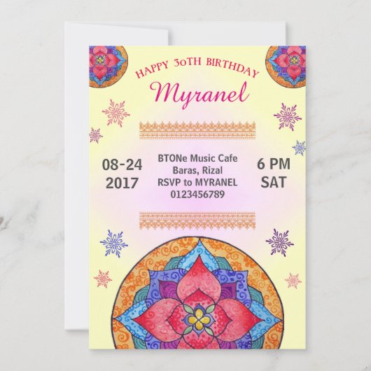 Invitation d'anniversaire de Mandala colorée (Devant)