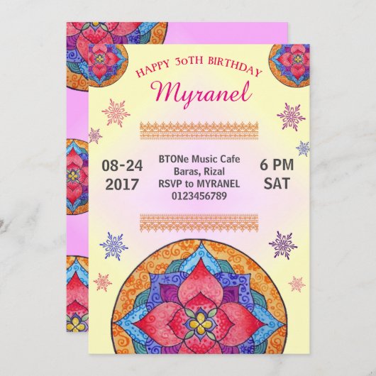 Invitation d'anniversaire de Mandala colorée (Devant / Derrière)