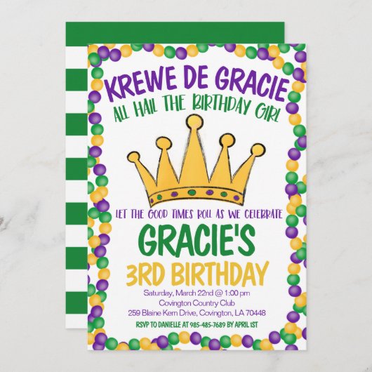 Invitation d'anniversaire de Mardi Gras (Devant / Derrière)