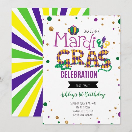 Invitation d'anniversaire de Mardi gras (Devant / Derrière)