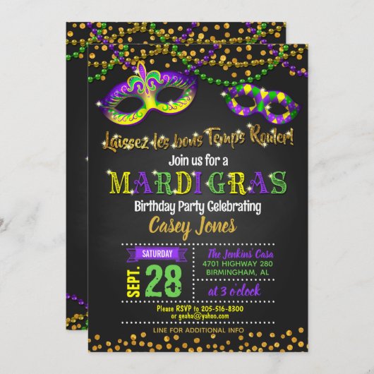 Invitation d'anniversaire de Mardi Gras (Devant / Derrière)