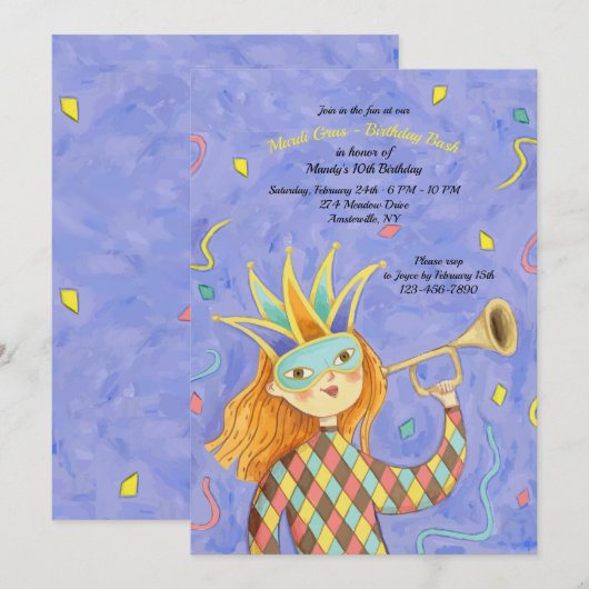 Invitation d'anniversaire de Mardi Gras (Devant / Derrière)