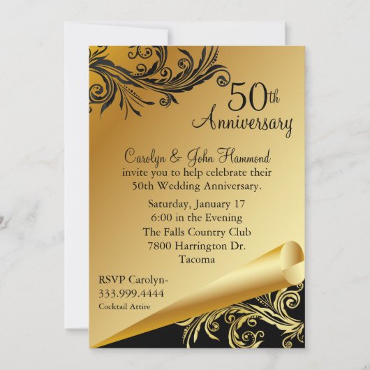 Invitation d'anniversaire de mariage 50 ans Noir & (Devant)