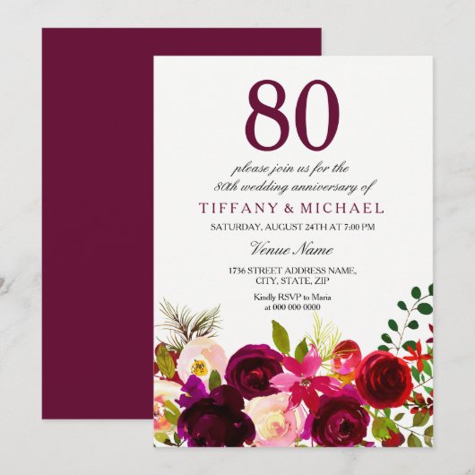 Invitation d'anniversaire de mariage 80 ans avec f (Devant / Derrière)