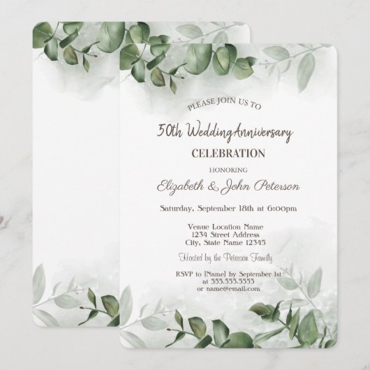 Invitation d'anniversaire de mariage à l'eucalyptu (Devant / Derrière)
